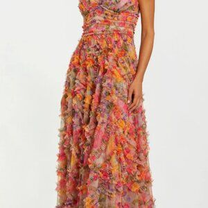 Mac Duggal  Multicolor Floral V-neck Ruffle Maxi Dress   Size 4